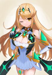 Rule 34 | blonde hair, breasts, cleavage, large breasts, mythra (xenoblade), plum ssbu, simple background, white background, xenoblade chronicles (series), xenoblade chronicles 2