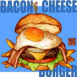 Rule 34 | artist logo, bacon, bread, cheese, food, food focus, food name, highres, lettuce, meat, no humans, onion, original, tomato, yuki00yo