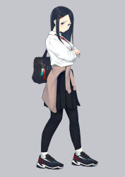 Rule 34 | 1girl, bag, black hair, black pantyhose, black skirt, closed mouth, clothes around waist, collared shirt, crossed arms, full body, grey background, grey eyes, hair ornament, hairclip, highres, jacket, jacket around waist, long hair, looking at viewer, morifumi, necktie, original, pantyhose, parted bangs, pleated skirt, red necktie, school bag, school uniform, shirt, shoes, shoulder bag, simple background, skirt, sneakers, socks, solo, standing, white shirt, white socks, wing collar