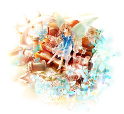 Rule 34 | 1girl, abstract, barefoot, blonde hair, blue dress, couch, doily, dress, dutch angle, fairy, flower, lace, long hair, long sleeves, mini person, minigirl, natsukawa kou, original, red eyes, short hair, simple background, sitting, solo, spool, white background, wings
