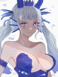 Rule 34 | 1girl, black clover, blue horns, blush, breasts, cleavage cutout, closed mouth, clothing cutout, crown, fins, grey hair, hair ribbon, head fins, highres, horns, long hair, looking at viewer, low twintails, medium breasts, noelle silva, ribbon, rizaavana, smile, solo, twintails, water