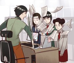 Rule 34 | 1girl, 3boys, bad id, bad pixiv id, bookmark, brown pants, chair, closed eyes, computer, computer tower, contemporary, double bun, dress, formal, green jacket, green shirt, grey jacket, hair bun, hyuuga neji, jacket, keyboard (computer), might guy, monitor, mouse (computer), mousepad, mousepad (object), multiple boys, naruto, naruto (series), necktie, office chair, open mouth, pants, paper, red dress, red necktie, rock lee, shasun3, shirt, shouting, suit, swivel chair, table, tenten (naruto), throwing, white shirt, window
