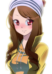 Rule 34 | 1girl, bad id, bad pixiv id, beanie, blush, brown hair, casual, face, hat, original, red eyes, smile, solo, zpolice