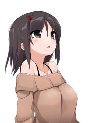 Rule 34 | 1girl, absurdres, bare shoulders, brown eyes, brown hair, brown sweater, hair ornament, hairclip, highres, morino donguri, off shoulder, open mouth, original, short hair, simple background, solo, sweater, upper body, white background