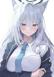 Rule 34 | 1girl, absurdres, ahoge, animal ear fluff, animal ears, aqua necktie, black halo, black jacket, blue archive, blue eyes, blush, breasts, bright pupils, closed mouth, collared shirt, commentary, grey hair, hair between eyes, halo, highres, jacket, large breasts, long hair, mismatched pupils, necktie, ojyomu, shiroko (blue archive), shiroko terror (blue archive), shirt, solo, upper body, white pupils, white shirt