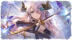 Rule 34 | 1girl, bug, butterfly, granblue fantasy, granblue fantasy versus: rising, hair over one eye, horns, insect, looking at viewer, narmaya (granblue fantasy), official art, pink hair, pointy ears, purple eyes, solo, sword, upper body, weapon