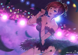 Rule 34 | 10s, 1girl, alternate hairstyle, bare legs, bare shoulders, black dress, blush, breasts, clothing cutout, covered erect nipples, crown, dress, feather hair ornament, feathers, feather hair ornament, love live!, love live! school idol festival, love live! school idol project, medium breasts, microphone, music, navel, navel cutout, nishikino maki, open mouth, purple eyes, red hair, short hair, shuizhanglang, singing, skirt, smile, solo