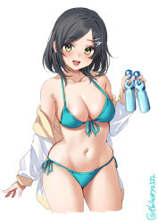 Rule 34 | 1girl, bare shoulders, bikini, black hair, blush, bottle, breasts, collarbone, cowboy shot, cropped legs, ebifurya, front-tie bikini top, front-tie top, green eyes, hair ornament, hairclip, highres, holding, kantai collection, kuroshio (kancolle), large breasts, long sleeves, looking at viewer, navel, one-hour drawing challenge, open mouth, parted bangs, side-tie bikini bottom, simple background, smile, solo, swimsuit, thighs, twitter username, white background, wide hips