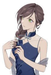 Rule 34 | 1girl, bare shoulders, blue dress, braid, braided ponytail, brown hair, closed mouth, dress, earrings, green eyes, hair ornament, highres, jewelry, lity one, long hair, rosa (tears of themis), simple background, sleeveless, sleeveless dress, solo, tears of themis, watermark, white background