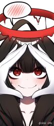 Rule 34 | 1girl, bags under eyes, black hair, black sailor collar, black serafuku, black shirt, black skirt, black wings, blue archive, closed mouth, constricted pupils, halo, highres, korean commentary, looking at viewer, meme, o2h2 oh4, pov, pov hands, red eyes, sailor collar, school uniform, serafuku, shirt, skirt, smile, snoot challenge, solo focus, spoken blush, sweat, tsurugi (blue archive), twitter username, wavy mouth, wings