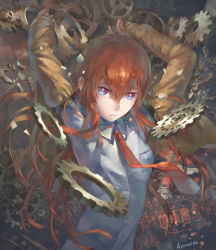 Rule 34 | 1girl, arms up, artist name, azomo, blue eyes, broken, collared shirt, dress shirt, gears, highres, jacket, long hair, long sleeves, makise kurisu, necktie, parted lips, red hair, red necktie, shirt, sleeves past wrists, solo, steins;gate, text focus, upper body, white background