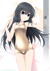 Rule 34 | 1girl, artist name, asashio (kancolle), black hair, blue eyes, character name, commentary request, cowboy shot, flat chest, gluteal fold, gold one-piece swimsuit, highres, inaba shiki, kantai collection, long hair, looking at viewer, lying, new school swimsuit, one-piece swimsuit, school swimsuit, smile, solo, swimsuit
