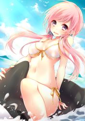 Rule 34 | 1girl, arm behind back, arm support, bikini, embarrassed, front-tie top, hair ornament, inflatable orca, inflatable toy, kurosawa itsuki, long hair, low twintails, navel, open mouth, original, pink hair, purple eyes, riding, scrunchie, side-tie bikini bottom, solo, swimsuit, tears, twintails, wavy mouth, wet