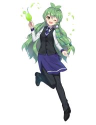 Rule 34 | 1girl, ;d, alternate costume, antenna hair, apron, artist request, black footwear, black pants, black vest, blouse, blue apron, blue necktie, blush, breasts, cup, cupping glass, drinking glass, frog hair ornament, full body, green eyes, green hair, hair between eyes, hair ornament, hair tubes, hand up, head tilt, highres, holding, holding cup, kochiya sanae, long hair, long sleeves, looking at viewer, medium breasts, necktie, one eye closed, open mouth, pants, shirt, shoes, single sidelock, smile, snake hair ornament, solo, touhou, transparent background, very long hair, vest, waist apron, white shirt