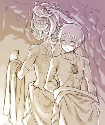 Rule 34 | 1boy, 1girl, back-to-back, blush, breasts, cave, clenched hand, closed mouth, collarbone, cr72, height difference, holding, holding own hair, long hair, lyza (made in abyss), made in abyss, medium breasts, monochrome, profile, scar, sepia, short hair, sketch, smile, sweatdrop, topless, torka, undressing, whistle