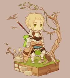 Rule 34 | 1boy, armor, armored boots, bird nest, blonde hair, boots, breastplate, brick, brown cape, cape, chibi, closed mouth, commentary request, cross, dragon, endo mame, full body, gauntlets, green eyes, holding, holding polearm, holding weapon, isometric, looking afar, male focus, pixiv fantasia, pixiv fantasia new world, polearm, short hair, solo, standing, tree, waist cape, weapon
