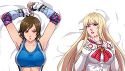 Rule 34 | 2girls, armpits, arms up, blue gloves, blunt bangs, breasts, cirenk, cleavage, closed mouth, dakimakura (medium), elbow gloves, elbow pads, emilie de rochefort, fingerless gloves, from above, gloves, highres, jacket, kazama asuka, large breasts, lips, long hair, long sleeves, looking at viewer, lying, multiple girls, on back, parted lips, short hair, tekken, white gloves, white jacket