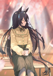 Rule 34 | 1girl, ahoge, animal ears, bench, black hair, casual, coffee cup, cup, disposable cup, ear piercing, feet out of frame, frilled shirt, frills, grey skirt, hair between eyes, highres, holding, holding cup, horse ears, horse girl, horse tail, katuko deluxe, long bangs, long hair, looking to the side, manhattan cafe (umamusume), pantyhose, petals, piercing, shirt, sitting, skirt, smile, solo, tail, umamusume, white hair, white shirt, yellow eyes
