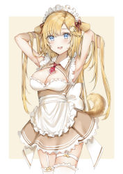 Rule 34 | 1girl, absurdres, alternate costume, alternate hair length, alternate hairstyle, animal ears, apron, armpits, blonde hair, blue eyes, border, breasts, brown dress, cleavage, cleavage cutout, clothing cutout, cowboy shot, dog ears, dog girl, dog tail, dress, frilled thighhighs, frills, garter straps, hair ornament, hands in hair, highres, hololive, hololive english, long hair, looking at viewer, maid, maid apron, maid headdress, necktie, open mouth, red necktie, short necktie, sleeveless, sleeveless dress, solo, tail, thighhighs, virtual youtuber, watson amelia, white thighhighs, yukineko1018