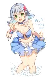 Rule 34 | 1girl, amagi brilliant park, blue skirt, bow, clenched hand, cross-laced clothes, cross-laced top, eyelashes, fingernails, flower, frilled shirt, frilled skirt, frills, green eyes, grey hair, hair flower, hair ornament, leaning forward, looking at viewer, midriff, muse (amaburi), open mouth, pink flower, shikino iroka, shirt, skirt, solo, splashing, wading, white background, white bow, white shirt, wrist cuffs