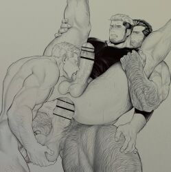Rule 34 | 3boys, anal, arm hair, bara, bottomless, clenched teeth, completely nude, erection, facial hair, fellatio, greyscale, large pectorals, leg hair, legs up, licking, licking penis, male focus, male penetrated, mature male, monochrome, multiple boys, muscular, muscular male, naked shirt, nude, oral, original, paid reward available, pectorals, penis, sex, shirt, short hair, tarowo, teeth, testicles, tongue, tongue out, yaoi