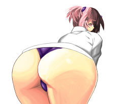Rule 34 | 10s, 1girl, ass, bent over, blush, buruma, for-somebody, from behind, hibari (senran kagura), huge ass, leaning, leaning forward, looking back, pink eyes, pink hair, senran kagura, shiny skin, short hair, simple background, solo, twintails, wedgie, white background