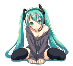 Rule 34 | 1girl, akino sora, green eyes, green hair, hatsune miku, headset, long hair, matching hair/eyes, no pants, off shoulder, panties, simple background, sitting, smile, solo, striped clothes, striped panties, thighhighs, twintails, underwear, very long hair, vocaloid, white background