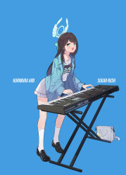 Rule 34 | 1girl, airi (band) (blue archive), airi (blue archive), black footwear, black hair, blue archive, blue background, blue jacket, blush, character name, full body, green eyes, green halo, halo, highres, instrument, jacket, keyboard (instrument), long hair, long sleeves, official alternate costume, open clothes, open jacket, open mouth, pleated skirt, ranyu, shirt, shoes, skirt, smile, socks, solo, white shirt, white skirt, white socks