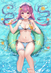 Rule 34 | 1girl, absurdres, ahoge, barefoot, bikini, blush, braid, breasts, bridal garter, cleavage, colored inner hair, commentary request, cup, drink, drinking straw, flower, flower on head, food, groin, hair ornament, highres, hokori sakuni, holding, holding cup, hololive, innertube, large breasts, long hair, looking at viewer, lying, medium breasts, minato aqua, multicolored hair, nail polish, navel, on back, open mouth, popsicle, purple eyes, purple hair, side-tie bikini bottom, smile, solo, straw, string bikini, striped bikini, striped clothes, swim ring, swimsuit, twintails, virtual youtuber, water, wet, wet hair