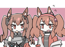 Rule 34 | 2girls, :3, angelina (arknights), angelina (endfield) (arknights), animal ears, arknights, arknights: endfield, bare shoulders, black collar, chibi, coat, collar, earpiece, flying sweatdrops, fox ears, fox girl, grey shirt, hair between eyes, hairband, headpiece, highres, jacket, keirono, layered clothes, long hair, multiple girls, no nose, open clothes, open coat, open mouth, pink background, red eyes, red hairband, red jacket, shirt, sidelocks, striped clothes, striped hairband, twintails, two-tone background, two-tone hairband, upper body, wavy hair, white background, white coat