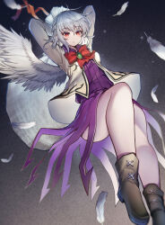 Rule 34 | 1girl, ass, black footwear, blush, boots, closed mouth, dress, feathered wings, full body, grey hair, hair between eyes, highres, jacket, kishin sagume, long sleeves, open clothes, open jacket, purple dress, red eyes, shishui guima, short hair, single wing, solo, touhou, white jacket, white wings, wings