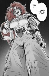 Rule 34 | absurdres, breasts, character request, clothes lift, decay int, english text, extra arms, extra mouth, fingernails, highres, jujutsu kaisen, kimi no koto tabeteii?, long hair, medium breasts, mogu (kimi no koto tabeteii?), pants, red eyes, red hair, ryoumen sukuna (jujutsu kaisen), sharp fingernails, shirt lift, speech bubble, stomach mouth, tongue, tongue out