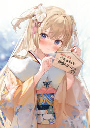 Rule 34 | 1girl, blonde hair, blue eyes, blurry, blurry background, blush, closed mouth, commentary request, embarrassed, flower, fur trim, hair between eyes, hair flower, hair ornament, highres, holding, japanese clothes, kanda done, long hair, looking at viewer, original, partial commentary, solo, standing, translation request, upper body, wavy mouth