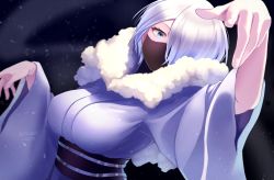 Rule 34 | 1girl, blue eyes, boku no hero academia, breasts, chikuwa savy, commentary request, covered mouth, dutch angle, fur collar, hair over one eye, highres, japanese clothes, kimono, large breasts, long sleeves, looking at viewer, mask, night, obi, one eye covered, sash, short hair, silver hair, snowing, solo, upper body, wide sleeves, yanagi reiko