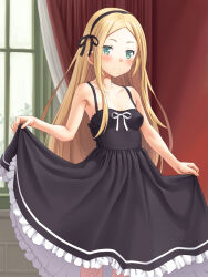 Rule 34 | 1girl, black dress, black hairband, black ribbon, blonde hair, breasts, closed mouth, commentary request, curtains, dress, green eyes, hair ribbon, hairband, highres, indoors, long hair, looking at viewer, meow (nekodenki), original, ribbon, sleeveless, sleeveless dress, small breasts, smile, solo, window