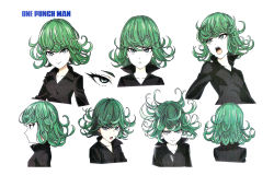 Rule 34 | 1girl, character sheet, colored skin, copyright name, female focus, green eyes, green hair, highres, matching hair/eyes, multiple views, official art, portrait, production art, scan, scan artifacts, tatsumaki, white skin, zip available