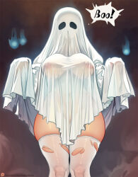 Rule 34 | 1girl, breasts, ghost costume, hitodama, large breasts, naked costume, nikichen, nipples, original, see-through, solo, speech bubble, thighhighs, torn clothes, torn thighhighs, white thighhighs
