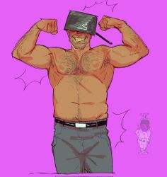Rule 34 | 2boys, arm hair, armpit hair, armpit peek, bara, belly, biceps, blush, chest hair, chibi, chibi inset, covered eyes, cropped legs, demoman (tf2), double biceps pose, drunk, flexing, grin, hairy, helmet, helmet over eyes, highres, honeyginsen, male focus, mature male, multiple boys, muscular, muscular male, navel hair, nipples, pectorals, pot on head, smile, soldier (tf2), team fortress 2, topless male