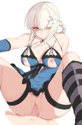 Rule 34 | 1boy, 1girl, braid, breasts, brown eyes, censored, closed mouth, clothed sex, commentary, erection, flower, hair flower, hair ornament, hetero, highres, kaine (nier), large breasts, lingerie, long hair, looking at viewer, mosaic censoring, negligee, nier, nier (series), nipples, penis, pepper0, pov, pussy, sex, simple background, solo focus, underwear, vaginal, white background
