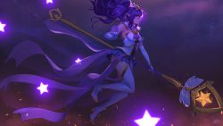 Rule 34 | 1girl, alternate costume, blue eyes, boots, breasts, elbow gloves, floating, floating hair, gloves, highres, janna (league of legends), large breasts, league of legends, long hair, magical girl, pointy ears, ponytail, purple hair, sky, solo, staff, star (sky), star (symbol), star guardian (league of legends), star guardian janna, starry sky, steamy tomato, thighhighs