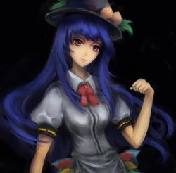 Rule 34 | 1girl, bad id, bad pixiv id, black background, blue hair, chen feng si, dress, faux traditional media, food, fruit, hand up, hat, head tilt, hinanawi tenshi, layered dress, leaf, lips, long hair, looking at viewer, parted lips, peach, red eyes, ribbon, short sleeves, simple background, solo, touhou