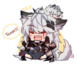 Rule 34 | 1girl, ahoge, animal ears, animalization, arknights, black jacket, blush, chibi, commentary, cropped torso, english commentary, food, furball, hair ornament, hairclip, highres, jacket, lappland (arknights), long hair, messy hair, mouth hold, open mouth, pocky, scar, scar across eye, scar on face, sharp teeth, simple background, speech bubble, tail, tail wagging, teeth, texas (arknights), upper body, white background, white hair, wolf ears, wolf girl, wolf tail, yuutama2804