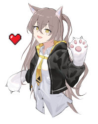 Rule 34 | 1girl, absurdres, animal ears, animal hands, black jacket, breasts, brown eyes, cat ears, commentary, cropped jacket, girls&#039; frontline, gloves, heart, highres, jacket, light brown hair, long hair, long sleeves, looking at viewer, necktie, one smoke, open clothes, open jacket, open mouth, paw gloves, paw pose, scar, scar across eye, shirt, small breasts, smile, solo, ump45 (girls&#039; frontline), upper body, white background, white shirt, yellow necktie