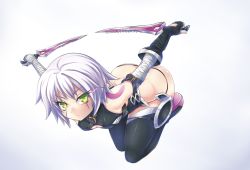 Rule 34 | 1girl, arm belt, bandaged arm, bandages, black gloves, black panties, black thighhighs, bodypaint, boots, breasts, cleavage cutout, closed mouth, clothing cutout, crop top, dual wielding, eyebrows, eyelashes, fate/apocrypha, fate/grand order, fate (series), fingerless gloves, from above, frown, full body, gloves, glowing, glowing eyes, gradient eyes, green eyes, hair between eyes, highres, holding, holding weapon, jack the ripper (fate/apocrypha), looking at viewer, miyabi urumi, multicolored eyes, no pants, outstretched arms, panties, scar, scar across eye, scar on face, short hair, single glove, sleeveless, small breasts, solo, string panties, thigh boots, thighhighs, underwear, weapon, white background, white hair