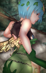 Rule 34 | 1girl, antennae, aqua hair, black leotard, brown eyes, butterfly wings, dress, eternity larva, fairy, green dress, hair between eyes, highres, insect wings, leaf, leaf on head, leotard, multicolored clothes, multicolored dress, open mouth, short hair, shounen (hogehoge), single strap, solo focus, torn clothes, torn leotard, torn wings, touhou, wings
