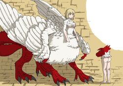 Rule 34 | 1girl, 1other, arms at sides, ass, blonde hair, bob cut, body fur, bottomless, breasts, chimera, claws, commentary request, dragon tail, dungeon meshi, falin touden, falin touden (chimera), feathered wings, feathers, highres, horns, lysine, medium breasts, medium hair, monster girl, red scales, sketch, tail, taur, underboob, white feathers, wings, yellow eyes