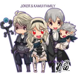 Rule 34 | 1girl, 3boys, armor, barefoot, butler, cape, chibi, corrin (female) (fire emblem), corrin (fire emblem), dwyer (fire emblem), eyebrows, family, father and son, fire emblem, fire emblem fates, gloves, green hair, holding, jakob (fire emblem), kana (fire emblem), kana (male) (fire emblem), kero sweet, looking at viewer, mother and son, multiple boys, nintendo, open mouth, pointy ears, red eyes, shaded face, smile, toeless legwear