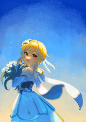 Rule 34 | 1girl, :d, absurdres, blonde hair, blue background, bouquet, bridal gauntlets, commentary, dress, english commentary, flower, genshin impact, hair flower, hair ornament, highres, holding, holding bouquet, light particles, looking at viewer, lumine (genshin impact), medium hair, naphele yun, open mouth, orange eyes, scarf, sidelocks, smile, solo, white dress, white flower, white scarf