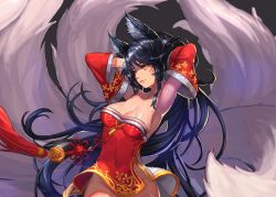 Rule 34 | 1girl, ahri (league of legends), animal ears, armpits, arms up, black hair, breasts, cleavage, covered navel, detached sleeves, dress, facial mark, fox ears, fox tail, glint, glowing, glowing eyes, highres, korean clothes, large breasts, league of legends, light trail, long hair, multiple tails, no panties, orange eyes, parted lips, qbspdl, red dress, ribbon-trimmed sleeves, ribbon trim, short dress, side slit, solo, tail, very long hair, wet