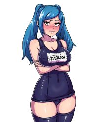 Rule 34 | 1girl, akairiot, alternate hair color, blue hair, blue one-piece swimsuit, blue thighhighs, blush, breasts, brown eyes, cleavage, covered navel, crossed arms, embarrassed, fire emblem, fire emblem awakening, large breasts, long hair, looking at viewer, name tag, nintendo, one-piece swimsuit, robin (female) (fire emblem), robin (fire emblem), school swimsuit, solo, super smash bros., swimsuit, thighhighs, transparent background, twintails, wavy mouth